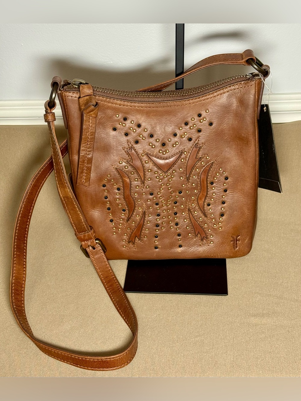 NWT Frye Shelby Studded Leather Swing Pack Crossbody Bag - Cognac Brown